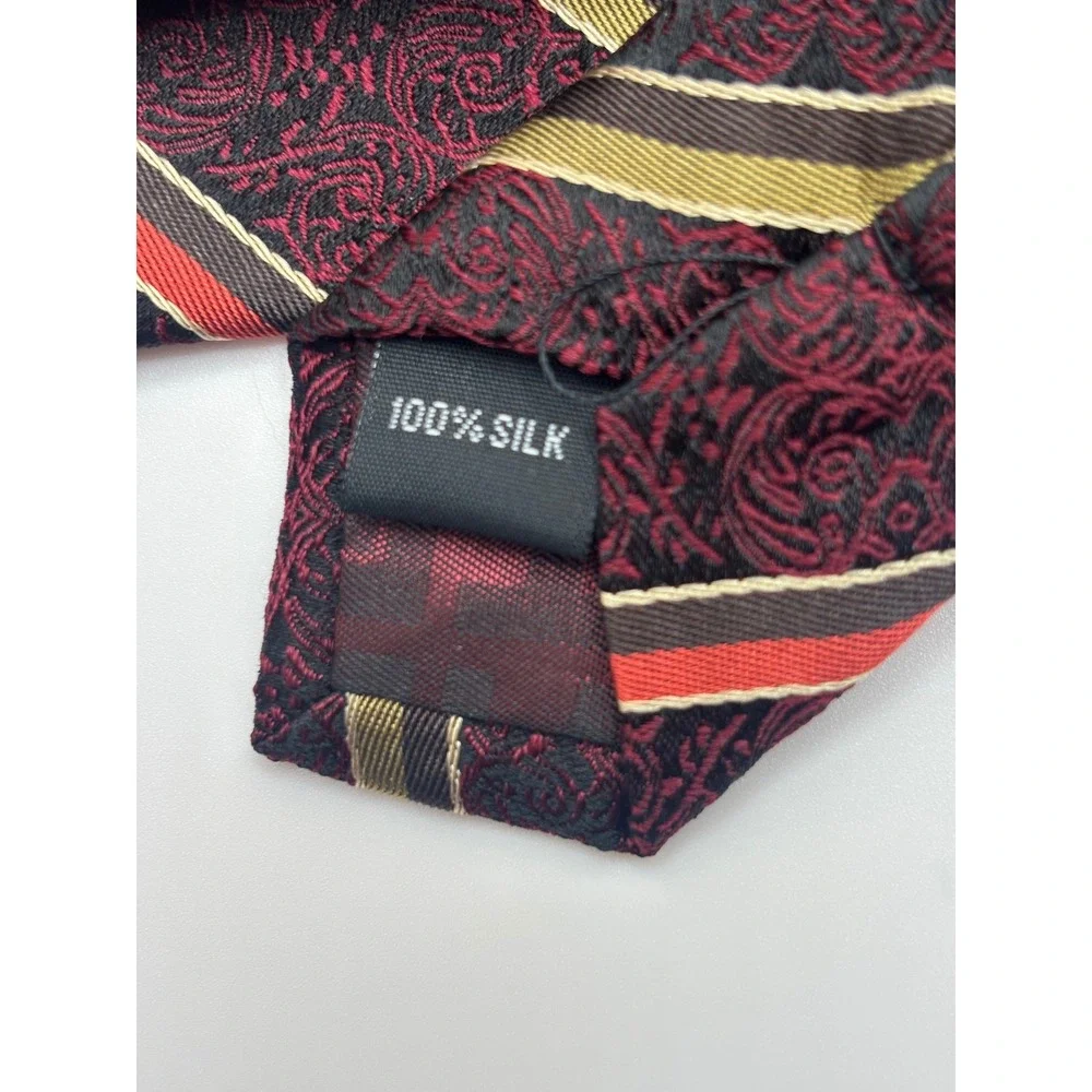 Luciano Ferretti Mens Silk Tie Burgundy Paisley Striped Red Gold Jacquard 1602